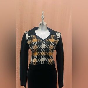 Plaid V-Neck Collared Sweater in Black, Mustard & Cream